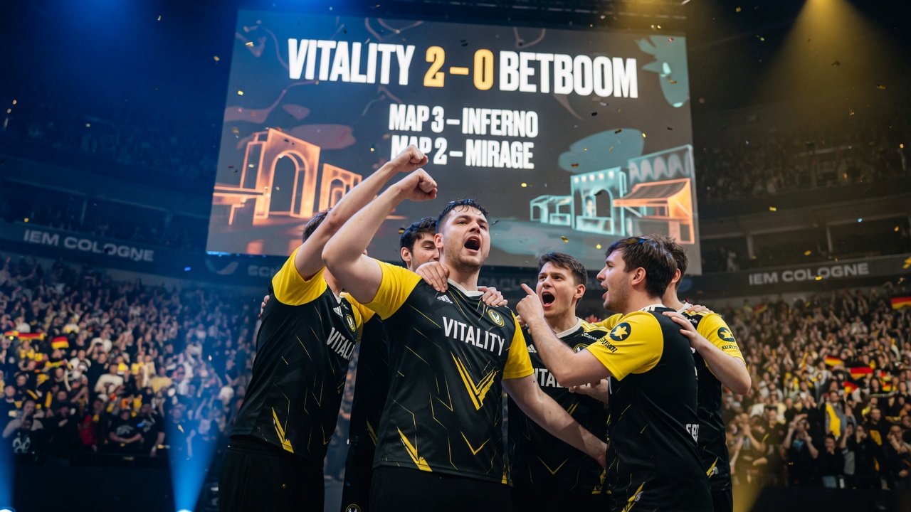 Press-style wide shot of Team Vitality celebrating a 2–0 over BetBoom on the Cologne